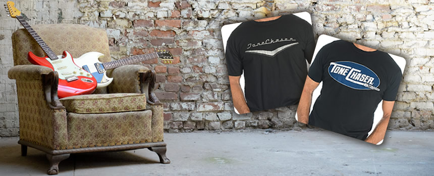 Tone Chaser(r) t-shirt promo with guitars laying on a chair